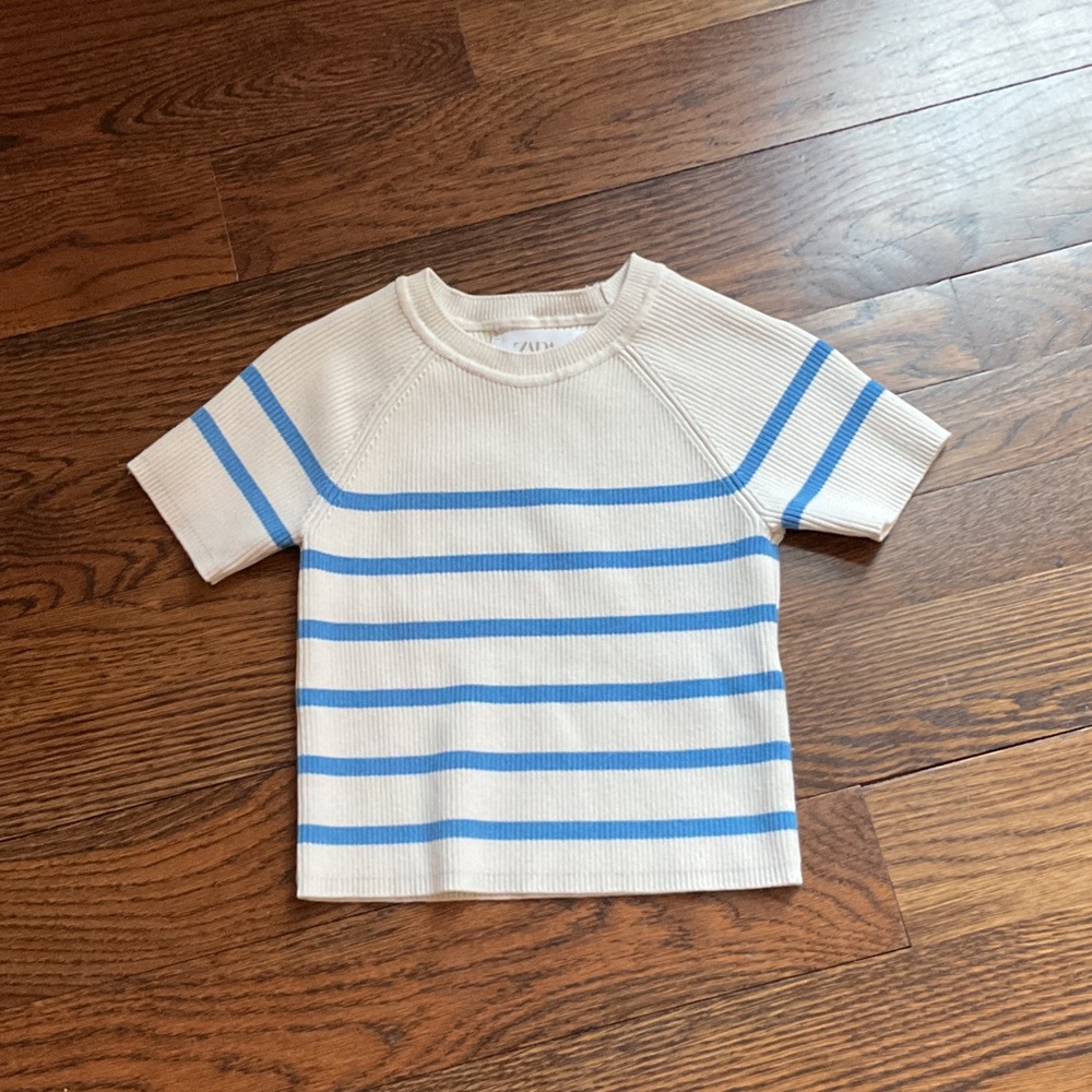 Zara Kids Cream and Blue Striped Tee